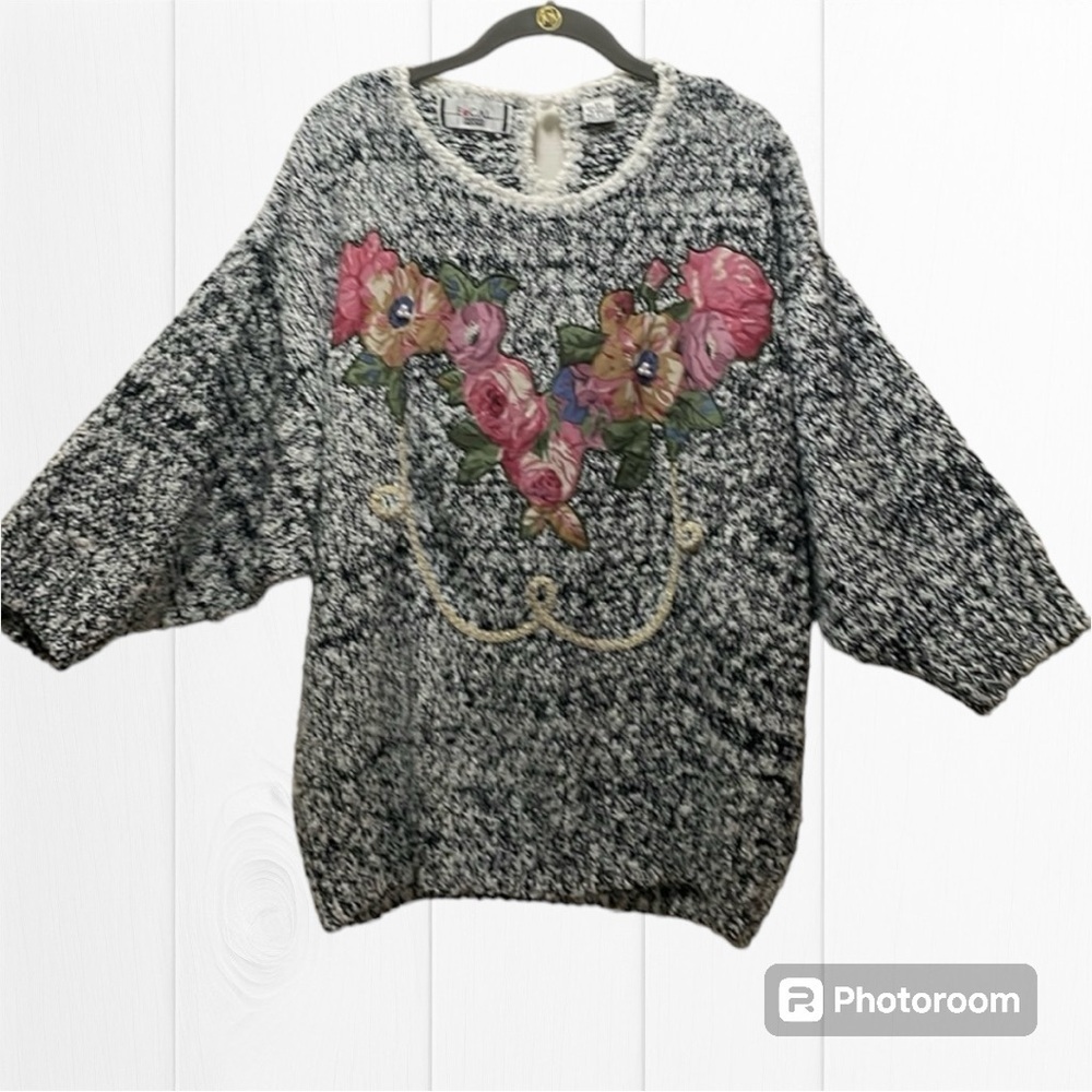 Focal Point vintage sweater 2X dolman sleeve tapestry floral pattern on blk/wht